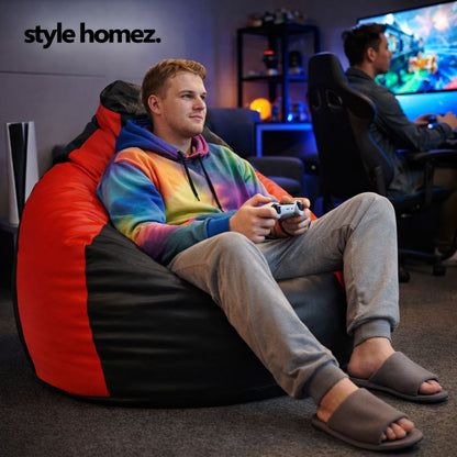 Style Homez Premium Leatherette Classic Jumbo Bean Bag Jumbo Size SAC Black Red Color Filled with Beans Fillers