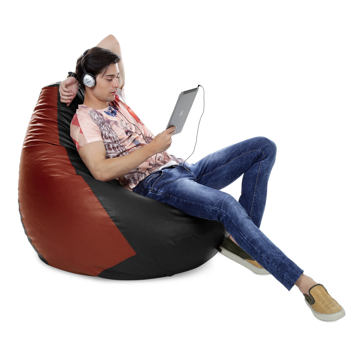 Style Homez Premium Leatherette Classic Jumbo Bean Bag Jumbo Size SAC Black Tan Color Filled with Beans Fillers