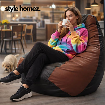 Style Homez Premium Leatherette Classic Jumbo Bean Bag Jumbo Size SAC Black Tan Color Filled with Beans Fillers