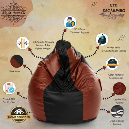 Style Homez Premium Leatherette Classic Jumbo Bean Bag Jumbo Size SAC Black Tan Color Filled with Beans Fillers