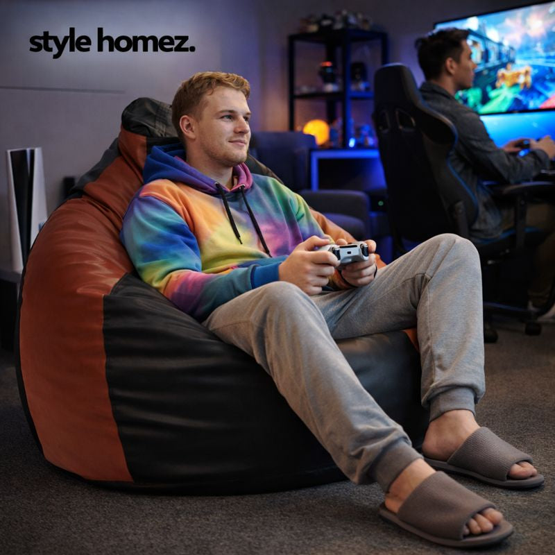 Style Homez Premium Leatherette Classic Jumbo Bean Bag Jumbo Size SAC Black Tan Color Filled with Beans Fillers