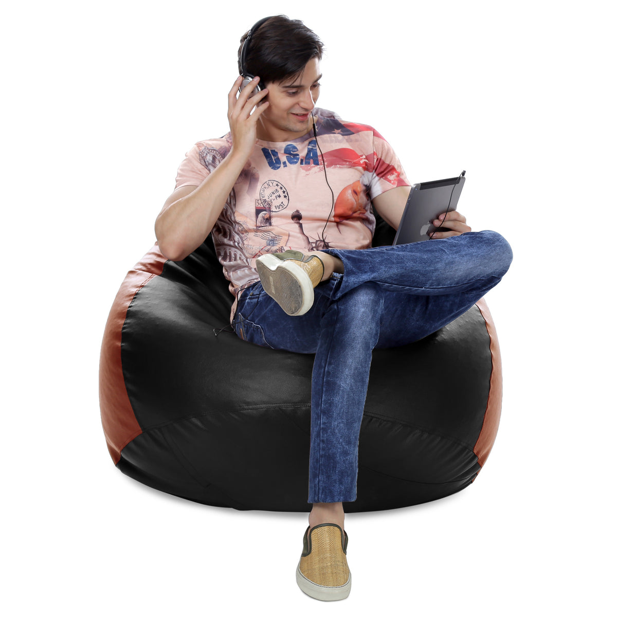 Style Homez Premium Leatherette Classic Jumbo Bean Bag Jumbo Size SAC Black Tan Color Filled with Beans Fillers