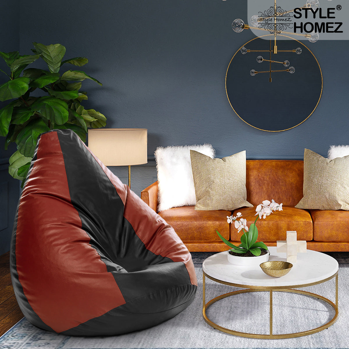 Style Homez Premium Leatherette Classic Jumbo Bean Bag Jumbo Size SAC Black Tan Color Filled with Beans Fillers