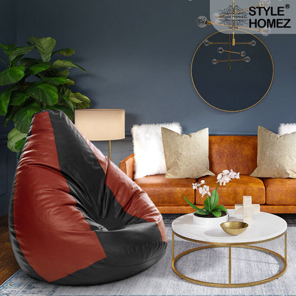 Style Homez Premium Leatherette Classic Jumbo Bean Bag Jumbo Size SAC Black Tan Color Filled with Beans Fillers