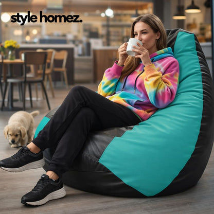 Style Homez Premium Leatherette Classic Jumbo Bean Bag Jumbo Size SAC Black Teal Color Filled with Beans Fillers