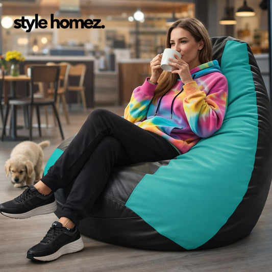 Style Homez Premium Leatherette Classic Jumbo Bean Bag Jumbo Size SAC Black Teal Color Filled with Beans Fillers