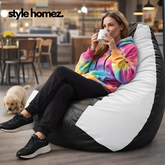 Style Homez Premium Leatherette Classic Jumbo Bean Bag Jumbo Size SAC Black White Color Filled with Beans Fillers