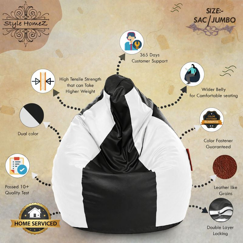 Style Homez Premium Leatherette Classic Jumbo Bean Bag Jumbo Size SAC Black White Color Filled with Beans Fillers