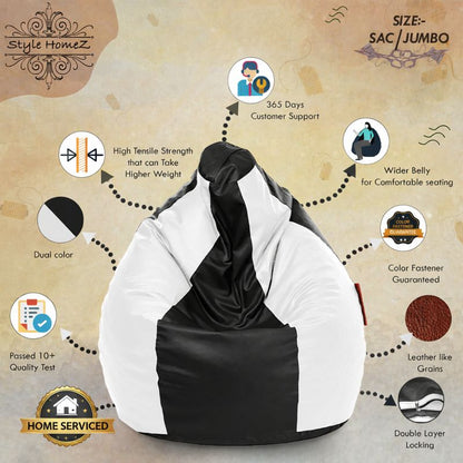 Style Homez Premium Leatherette Classic Jumbo Bean Bag Jumbo Size SAC Black White Color Filled with Beans Fillers