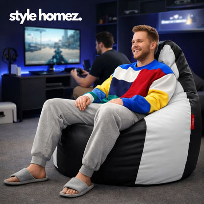 Style Homez Premium Leatherette Classic Jumbo Bean Bag Jumbo Size SAC Black White Color Filled with Beans Fillers