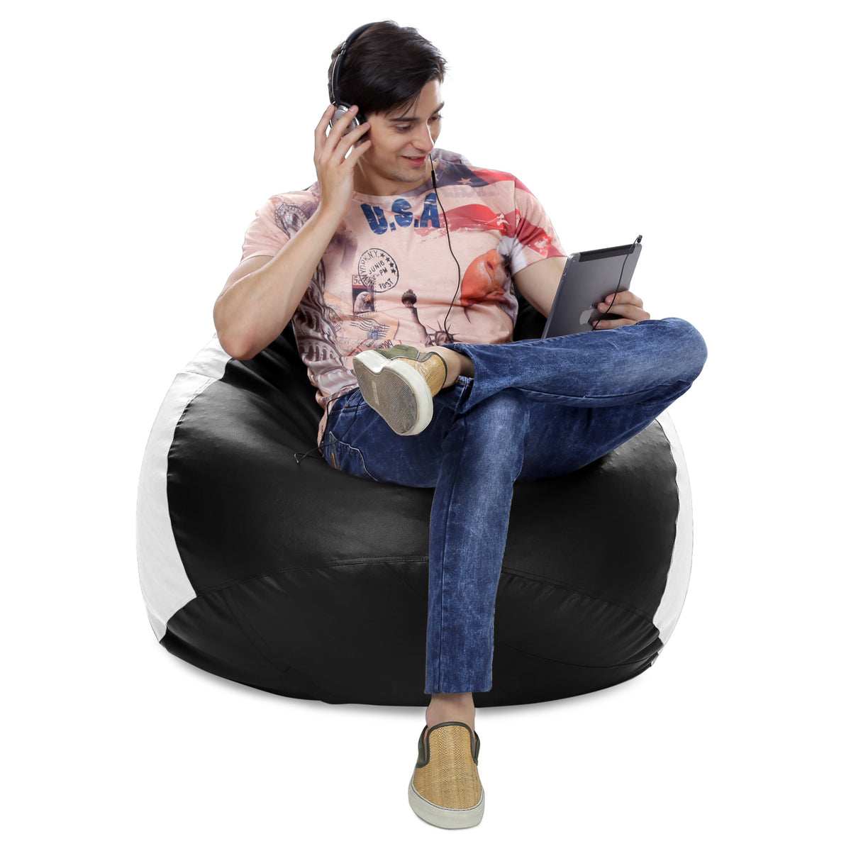 Style Homez Premium Leatherette Classic Jumbo Bean Bag Jumbo Size SAC Black White Color Filled with Beans Fillers