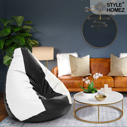 Style Homez Premium Leatherette Classic Jumbo Bean Bag Jumbo Size SAC Black White Color Filled with Beans Fillers