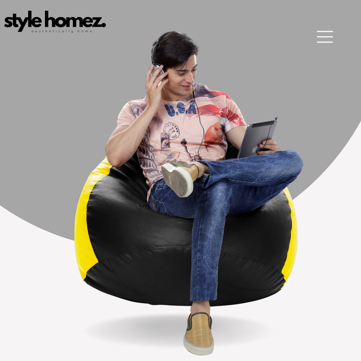 Style Homez Premium Leatherette Classic Jumbo Bean Bag Jumbo Size SAC Black Yellow Color Filled with Beans Fillers