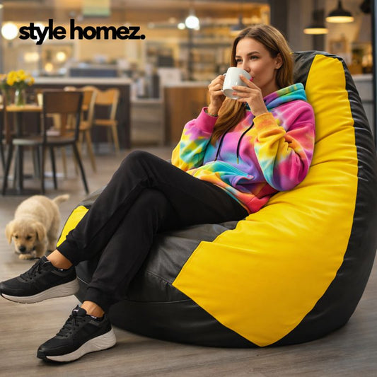 Style Homez Premium Leatherette Classic Jumbo Bean Bag Jumbo Size SAC Black Yellow Color Filled with Beans Fillers