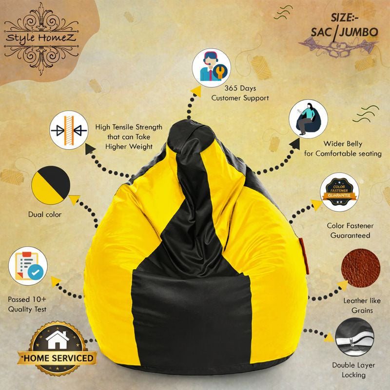 Style Homez Premium Leatherette Classic Jumbo Bean Bag Jumbo Size SAC Black Yellow Color Filled with Beans Fillers