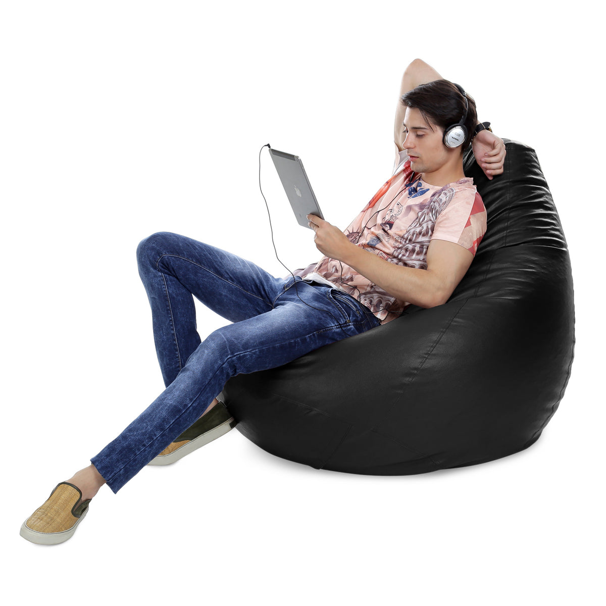 Style Homez Premium Leatherette Classic Jumbo Bean Bag Jumbo Size SAC  Black Color Filled with Beans Fillers