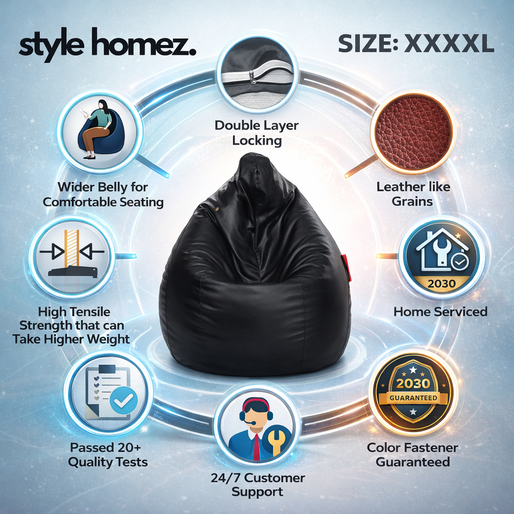 Style Homez Premium Leatherette Classic Jumbo Bean Bag Jumbo Size SAC  Black Color Filled with Beans Fillers