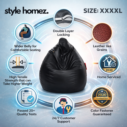 Style Homez Premium Leatherette Classic Jumbo Bean Bag Jumbo Size SAC  Black Color Filled with Beans Fillers