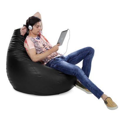 Style Homez Premium Leatherette Classic Jumbo Bean Bag Jumbo Size SAC  Black Color Filled with Beans Fillers