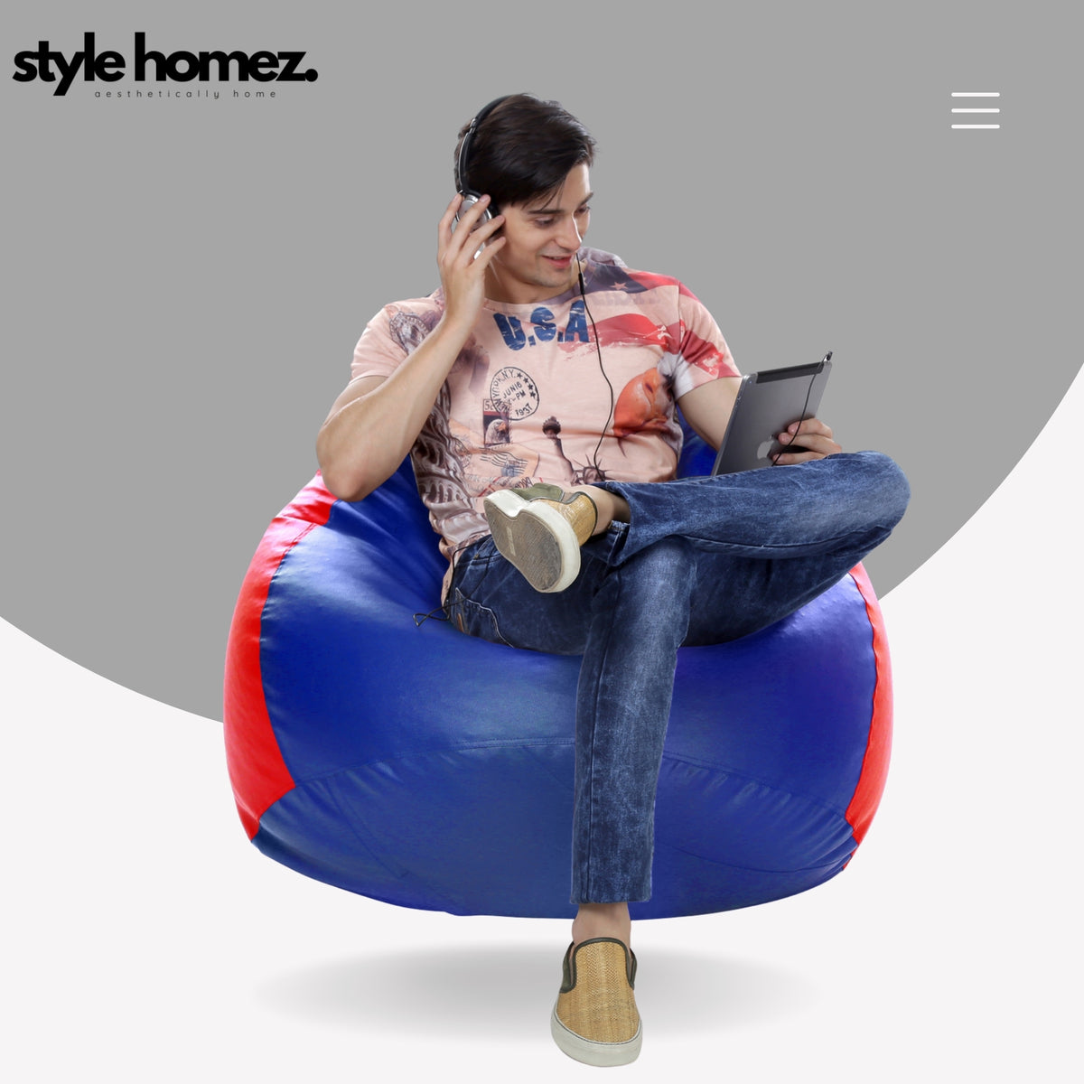 Style Homez Premium Leatherette Classic Jumbo Bean Bag Jumbo Size SAC Blue Red Color Filled with Beans Fillers