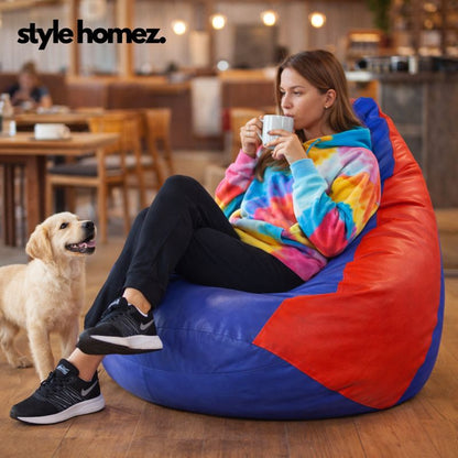 Style Homez Premium Leatherette Classic Jumbo Bean Bag Jumbo Size SAC Blue Red Color Filled with Beans Fillers