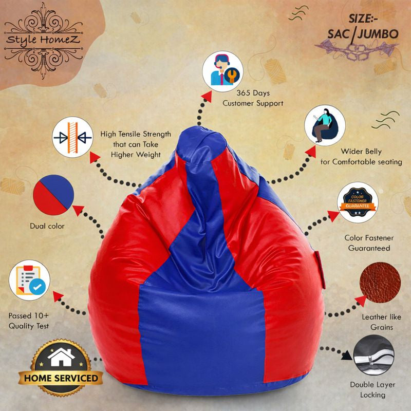 Style Homez Premium Leatherette Classic Jumbo Bean Bag Jumbo Size SAC Blue Red Color Filled with Beans Fillers