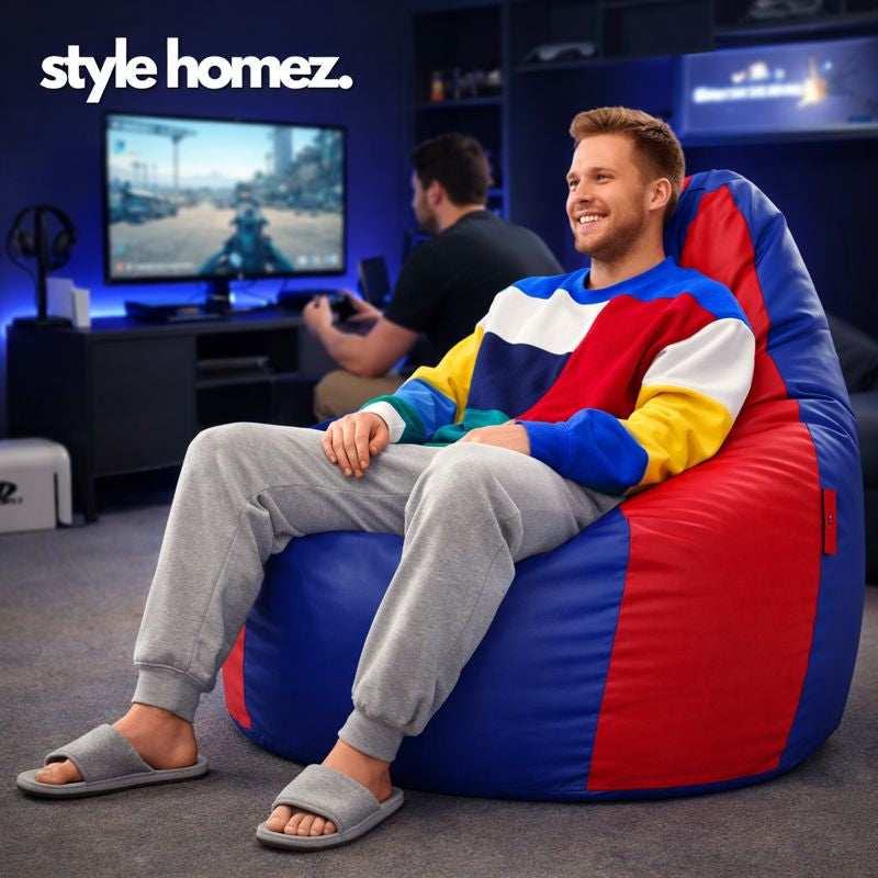 Style Homez Premium Leatherette Classic Jumbo Bean Bag Jumbo Size SAC Blue Red Color Filled with Beans Fillers