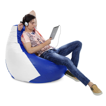 Style Homez Premium Leatherette Classic Jumbo Bean Bag Jumbo Size SAC Blue White Color Filled with Beans Fillers