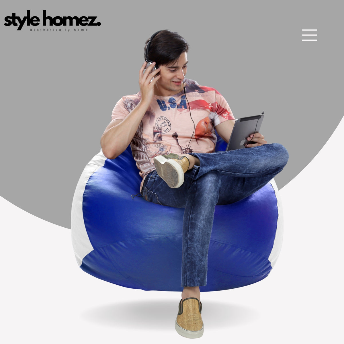 Style Homez Premium Leatherette Classic Jumbo Bean Bag Jumbo Size SAC Blue White Color Filled with Beans Fillers