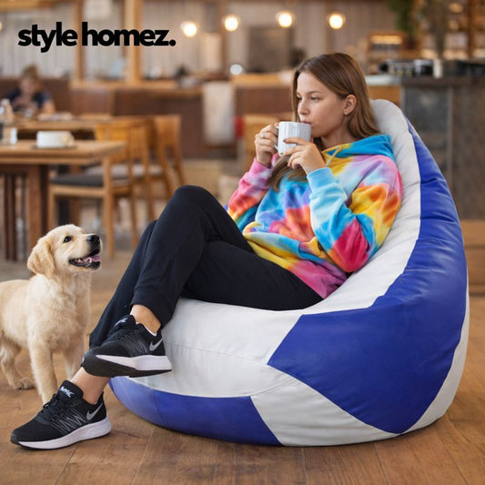 Style Homez Premium Leatherette Classic Jumbo Bean Bag Jumbo Size SAC Blue White Color Filled with Beans Fillers