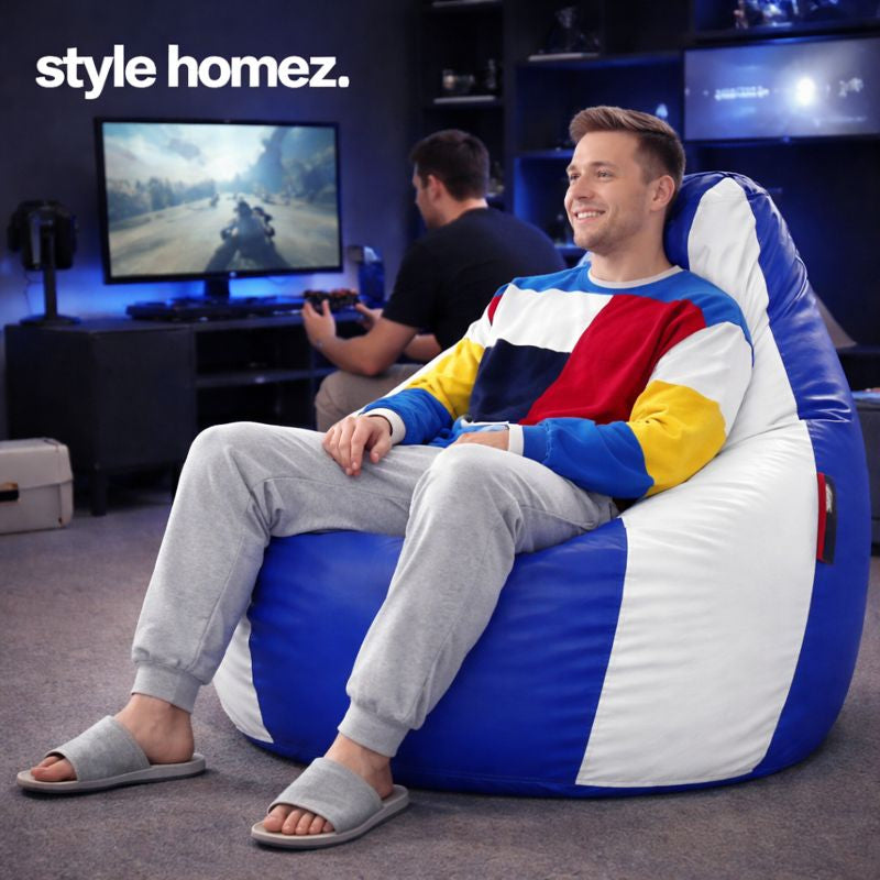 Style Homez Premium Leatherette Classic Jumbo Bean Bag Jumbo Size SAC Blue White Color Filled with Beans Fillers