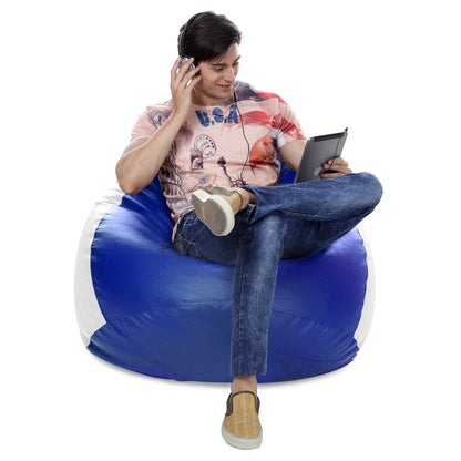 Style Homez Premium Leatherette Classic Jumbo Bean Bag Jumbo Size SAC Blue White Color Filled with Beans Fillers