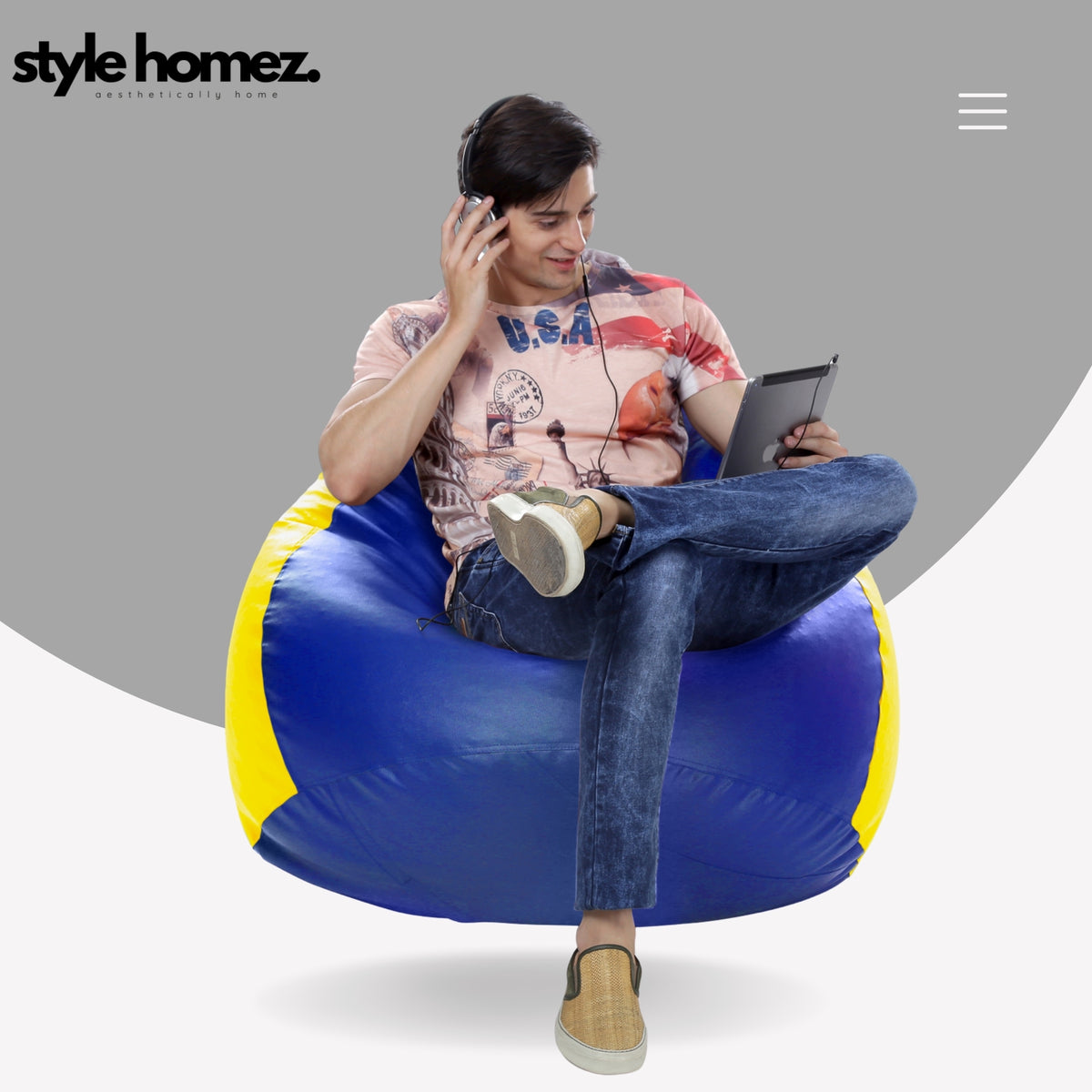 Style Homez Premium Leatherette Classic Jumbo Bean Bag Jumbo Size SAC Blue Yellow Color Filled with Beans Fillers