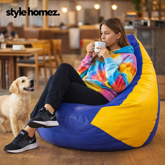 Style Homez Premium Leatherette Classic Jumbo Bean Bag Jumbo Size SAC Blue Yellow Color Filled with Beans Fillers