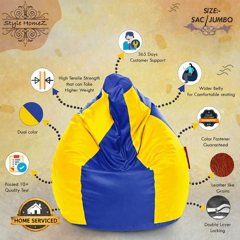 Style Homez Premium Leatherette Classic Jumbo Bean Bag Jumbo Size SAC Blue Yellow Color Filled with Beans Fillers
