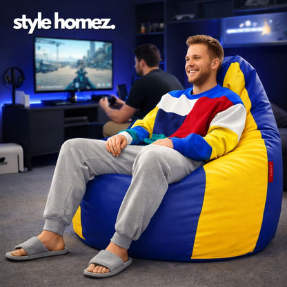 Style Homez Premium Leatherette Classic Jumbo Bean Bag Jumbo Size SAC Blue Yellow Color Filled with Beans Fillers