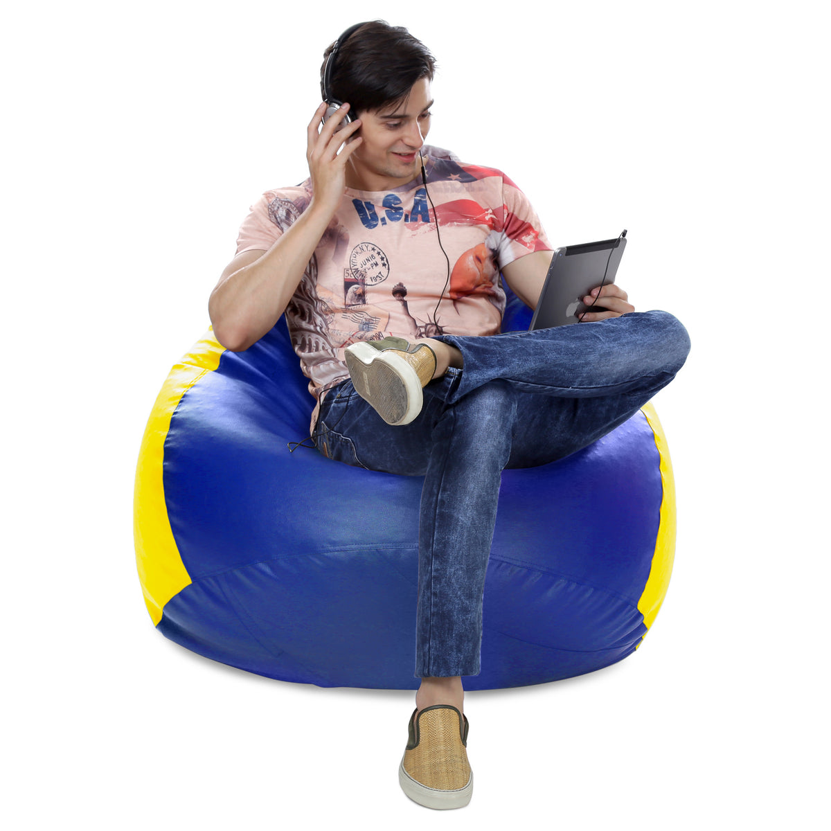 Style Homez Premium Leatherette Classic Jumbo Bean Bag Jumbo Size SAC Blue Yellow Color Filled with Beans Fillers
