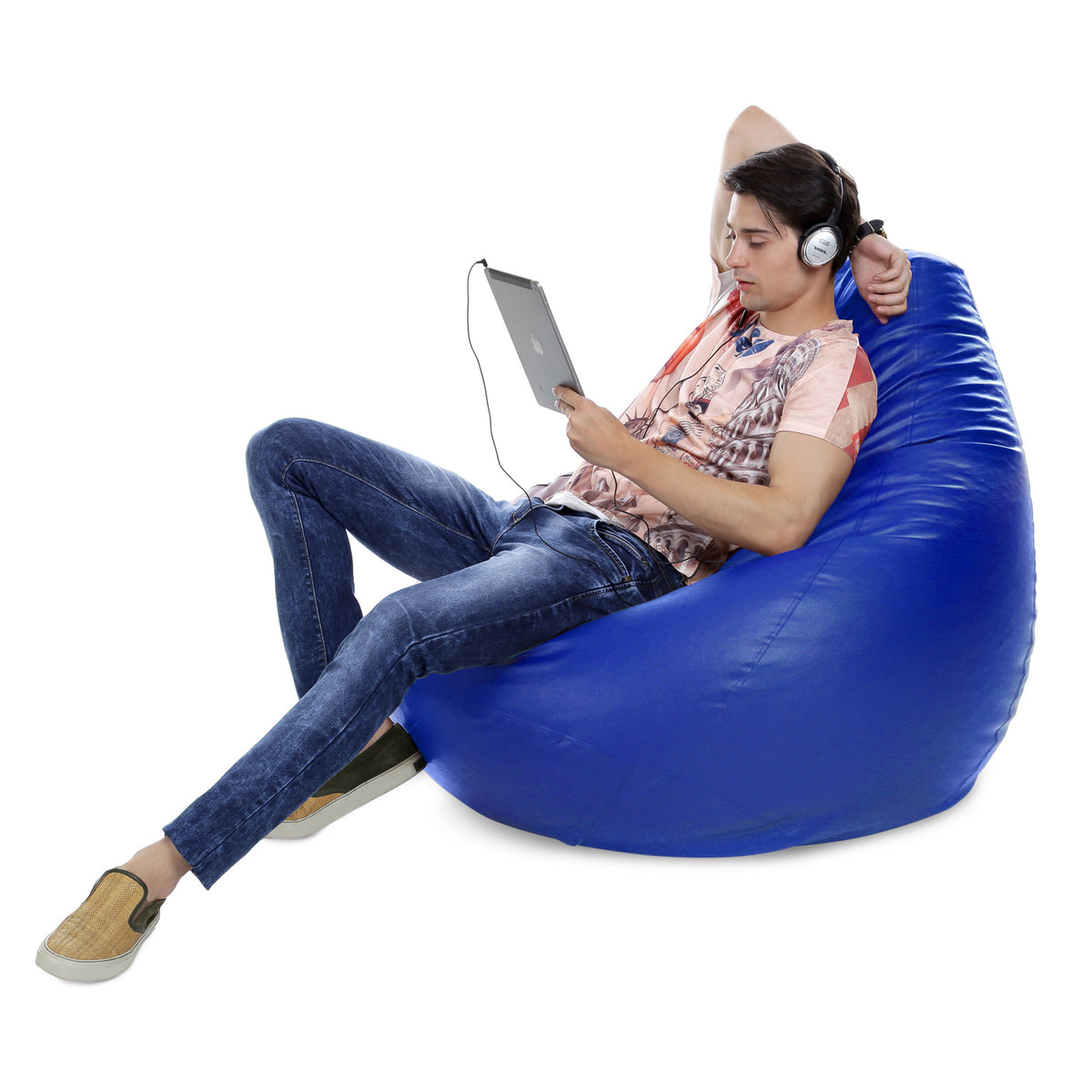 Style Homez Premium Leatherette Classic Jumbo Bean Bag Jumbo Size SAC  Royal Blue Color Filled with Beans Fillers
