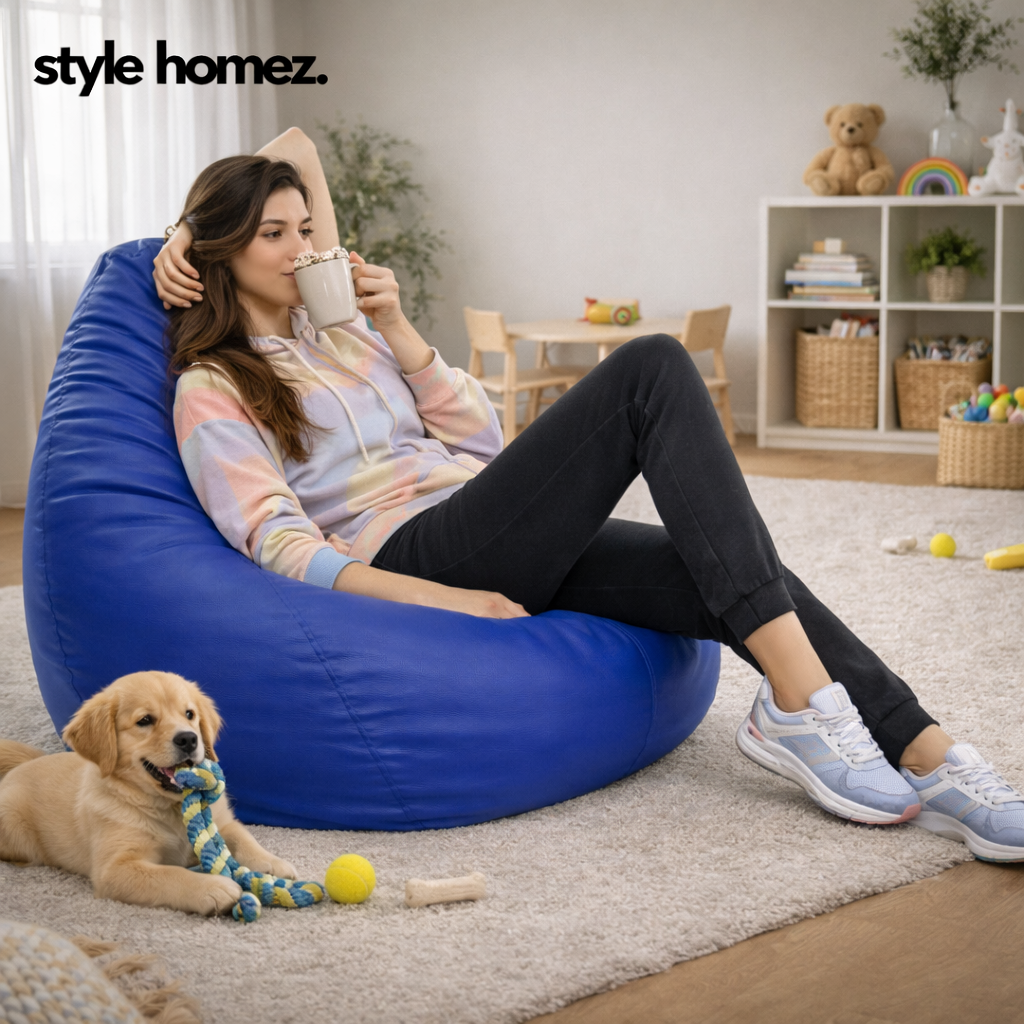 Style Homez Premium Leatherette Classic Jumbo Bean Bag Jumbo Size SAC  Royal Blue Color Filled with Beans Fillers