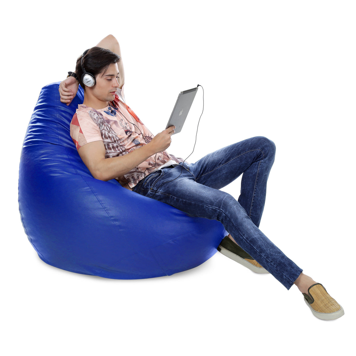 Style Homez Premium Leatherette Classic Jumbo Bean Bag Jumbo Size SAC  Royal Blue Color Filled with Beans Fillers