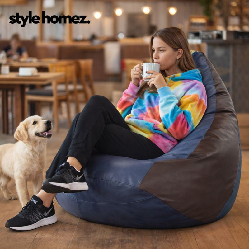 Style Homez Premium Leatherette Classic Jumbo Bean Bag Jumbo Size SAC Brown Grey Color Filled with Beans Fillers
