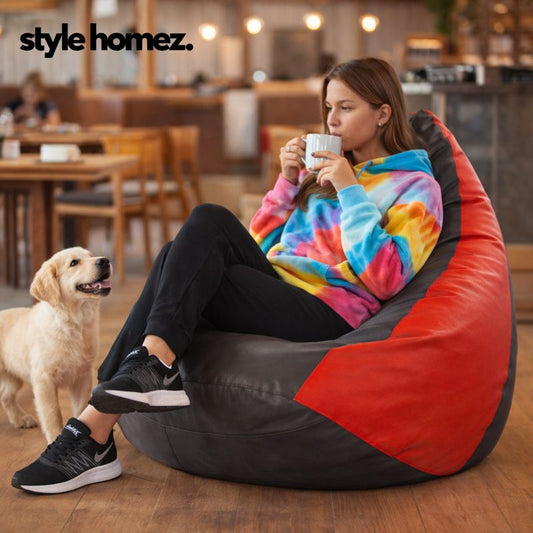 Style Homez Premium Leatherette Classic Jumbo Bean Bag Jumbo Size SAC Brown Red Color Filled with Beans Fillers