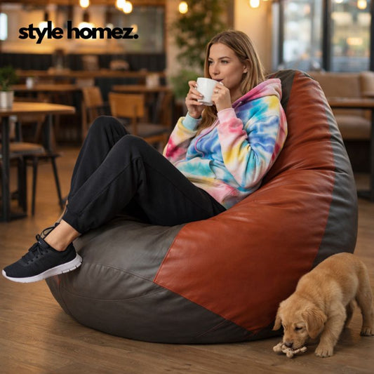 Style Homez Premium Leatherette Classic Jumbo Bean Bag Jumbo Size SAC Brown Tan Color Filled with Beans Fillers
