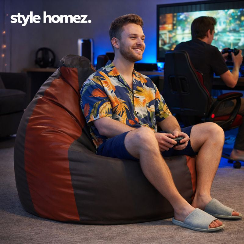 Style Homez Premium Leatherette Classic Jumbo Bean Bag Jumbo Size SAC Brown Tan Color Filled with Beans Fillers