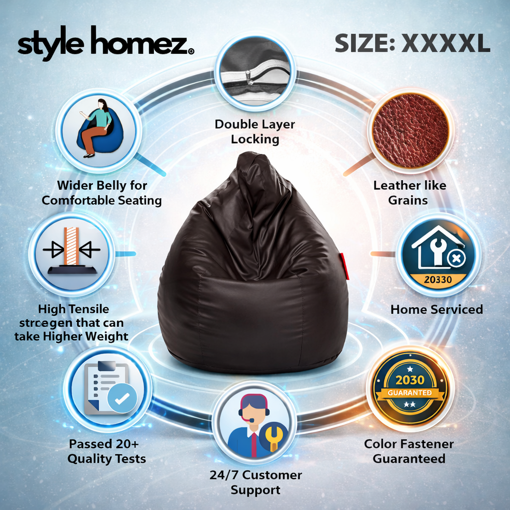 Style Homez Premium Leatherette Classic Jumbo Bean Bag Jumbo Size SAC  Chocolate Brown Color Filled with Beans Fillers