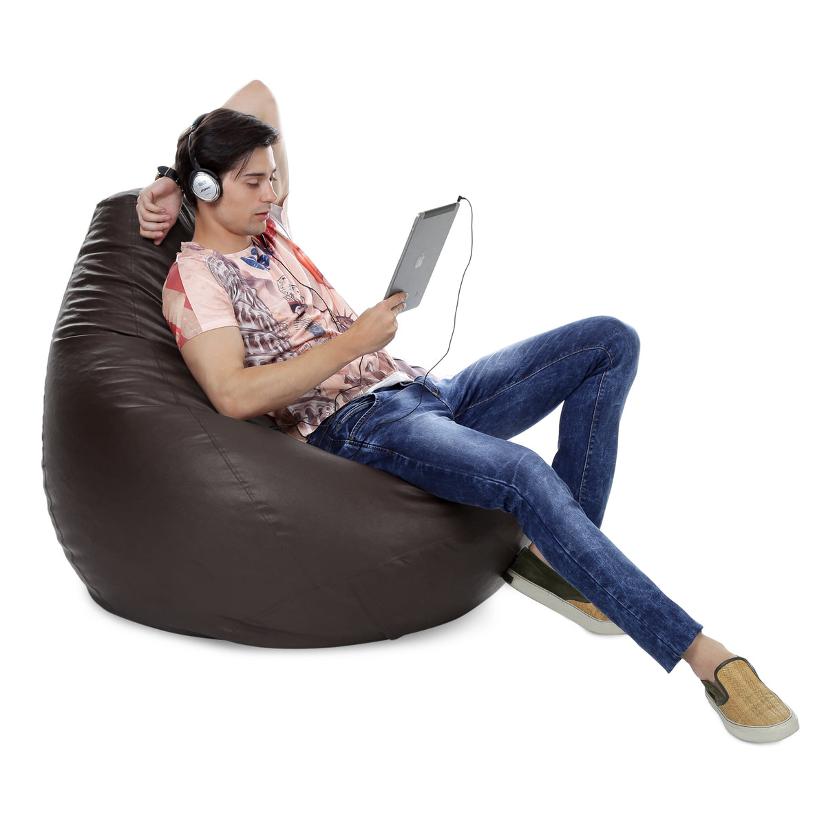Style Homez Premium Leatherette Classic Jumbo Bean Bag Jumbo Size SAC  Chocolate Brown Color Filled with Beans Fillers