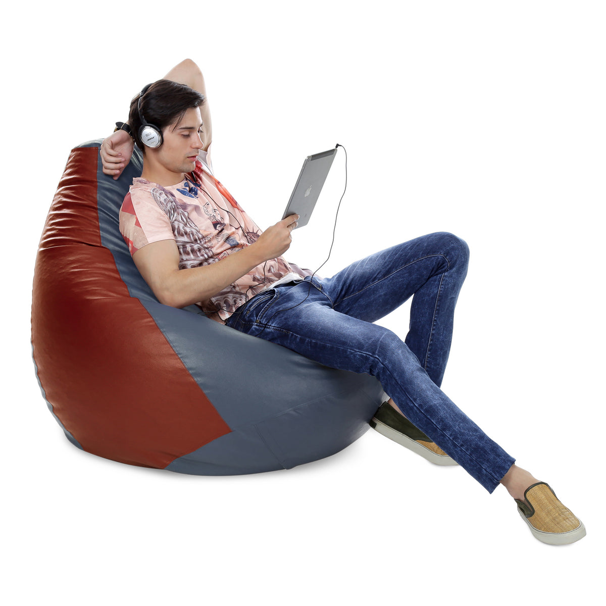 Style Homez Premium Leatherette Classic Jumbo Bean Bag Jumbo Size SAC Grey Tan Color Filled with Beans Fillers