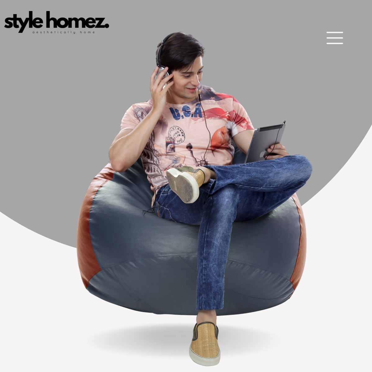 Style Homez Premium Leatherette Classic Jumbo Bean Bag Jumbo Size SAC Grey Tan Color Filled with Beans Fillers