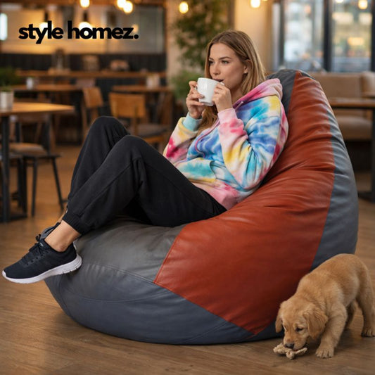 Style Homez Premium Leatherette Classic Jumbo Bean Bag Jumbo Size SAC Grey Tan Color Filled with Beans Fillers