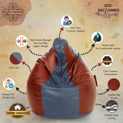 Style Homez Premium Leatherette Classic Jumbo Bean Bag Jumbo Size SAC Grey Tan Color Filled with Beans Fillers